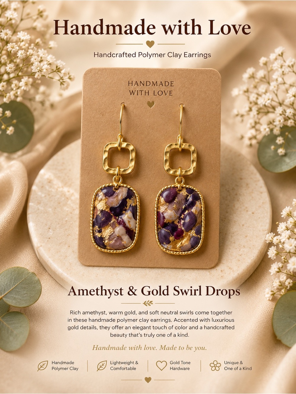 Amethyst & Gold Swirl Drop Earrings — Handmade